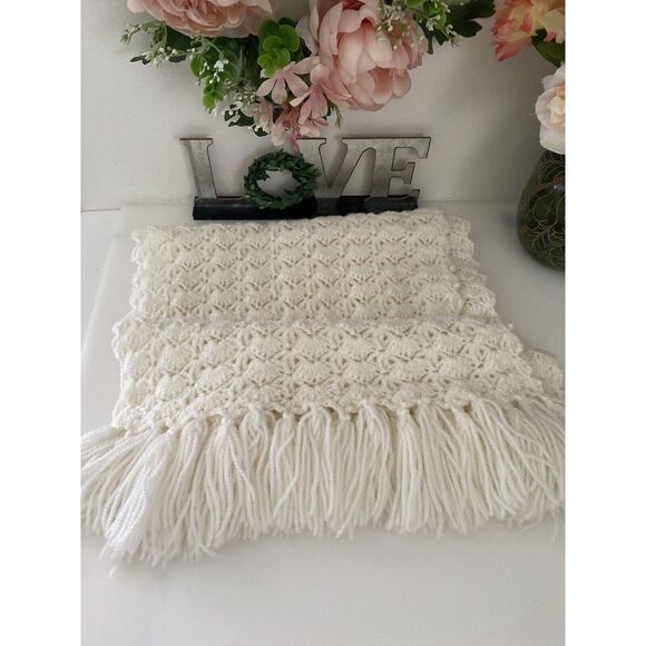 Hand Crocheted Scarf Off White 54"X 13" Table Runner Couch Cover Boho Vintage - Picture 1 of 16